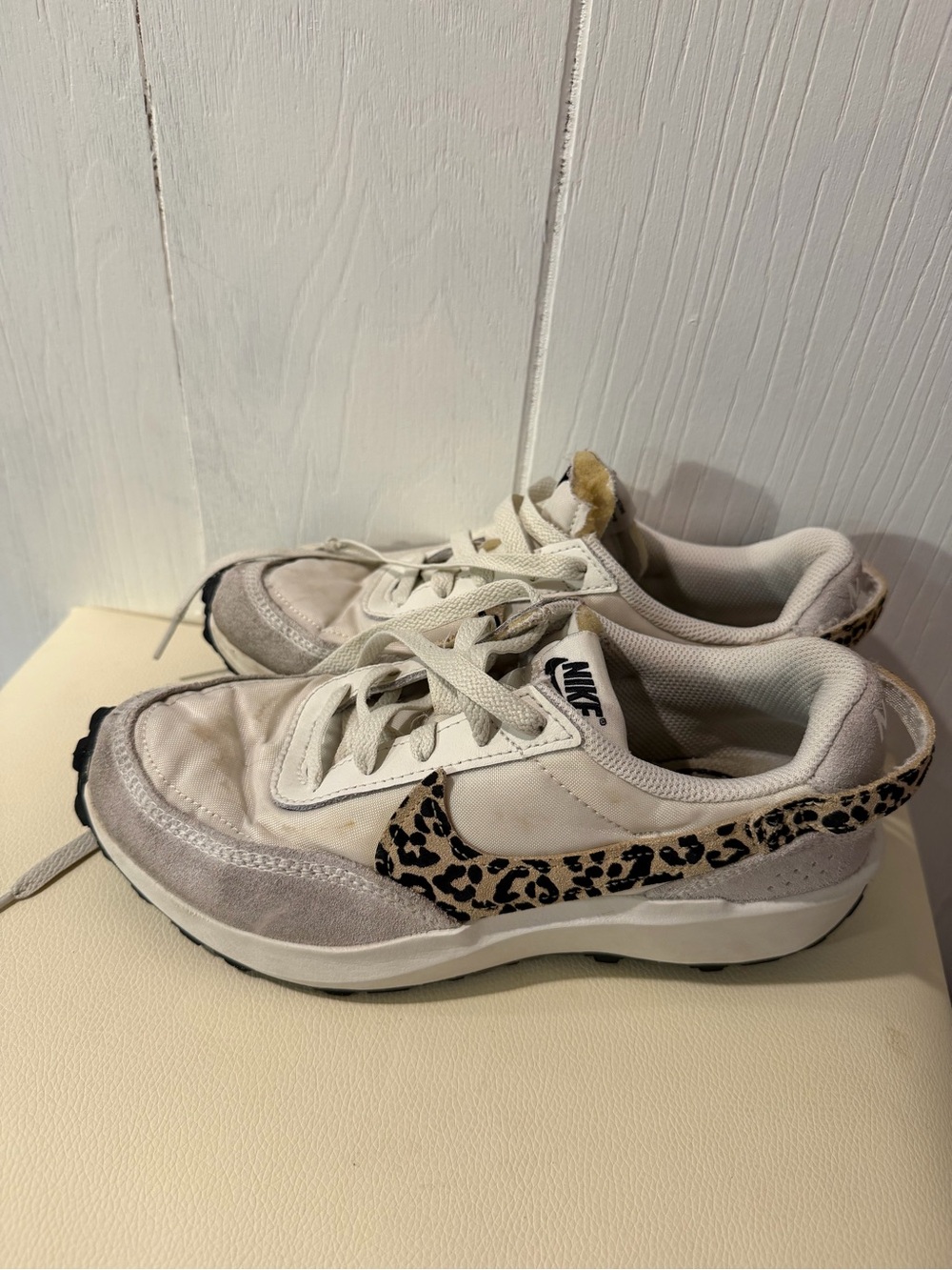 Nike Women's Leopard waffle debut Sneaker in Cream and Beige